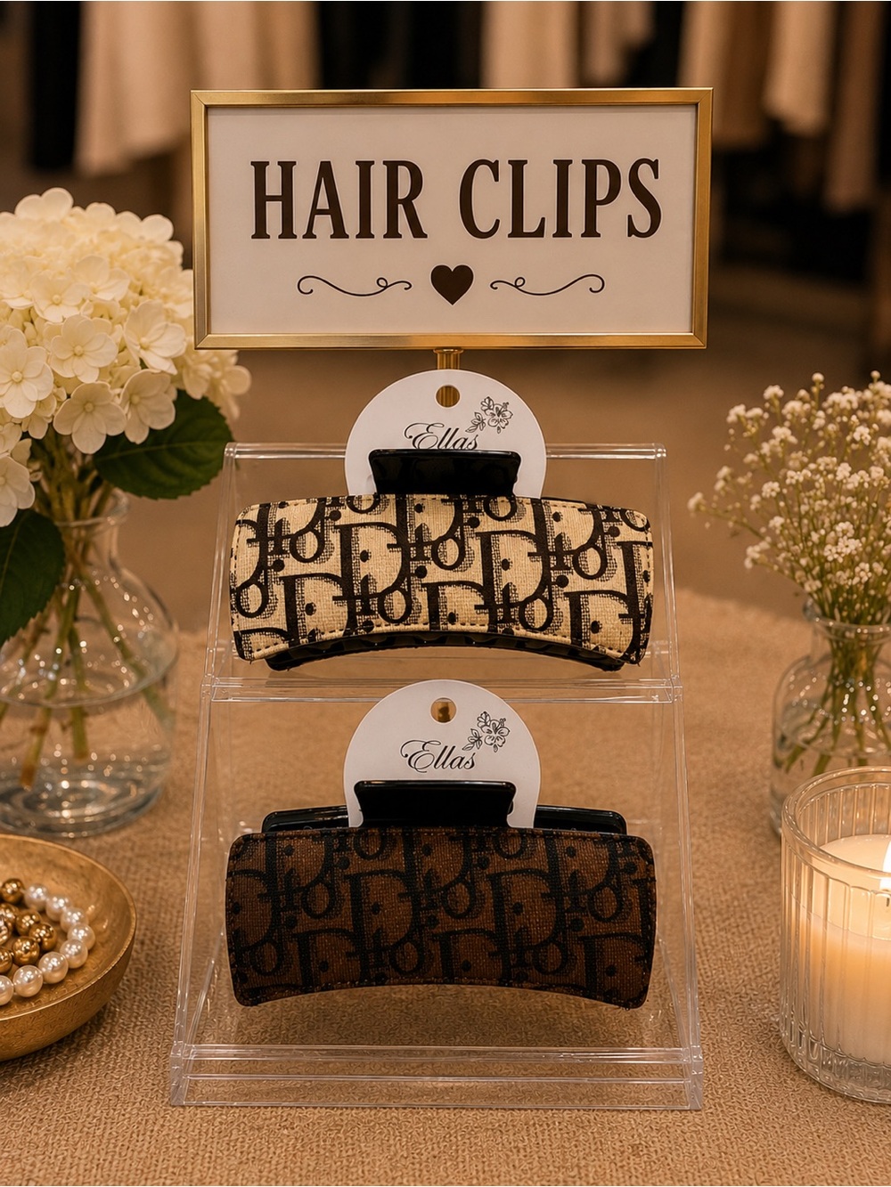 Set of 2 fashion Monogram Hair soft claw Clips in Beige and Brown - NWT